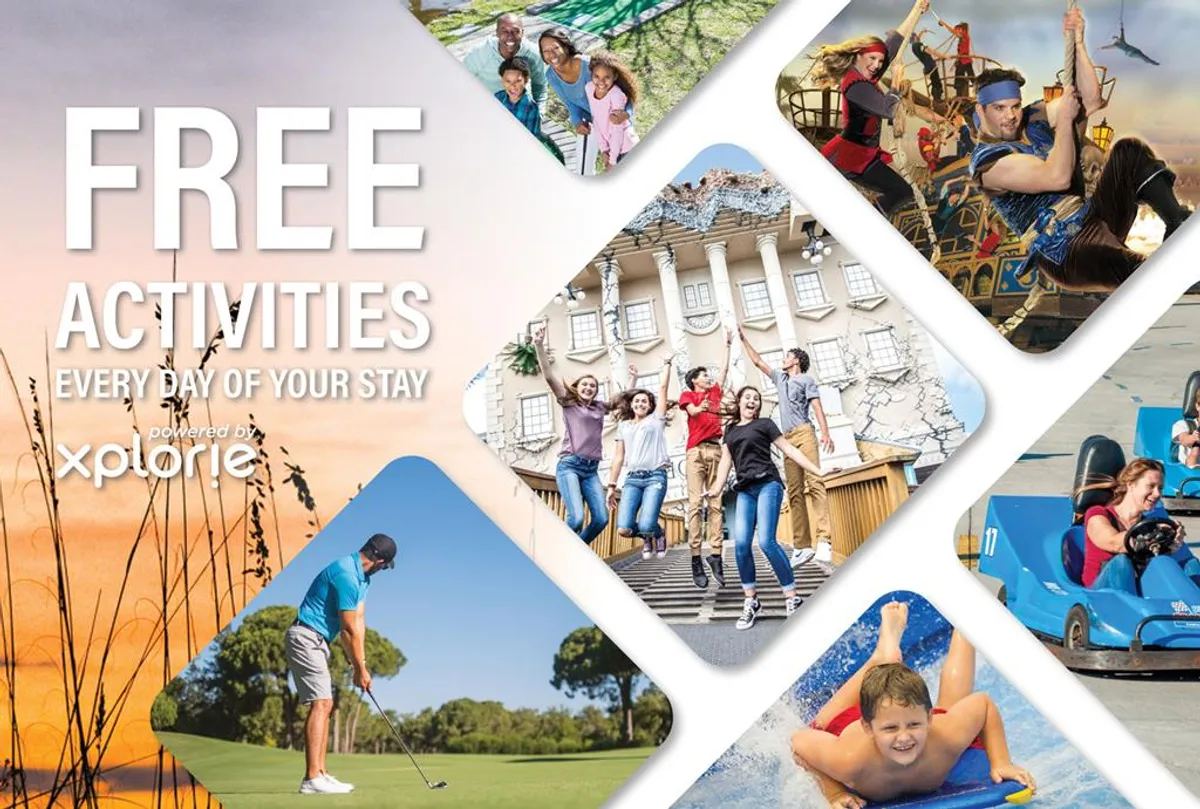 Families are shown enjoying various outdoor and recreational activities, including golfing, themed attractions, and water fun. The dynamic scene radiates joy and energy, alluding to the ‘Free Fun Program’ and the abundance of daily activities available to guests.